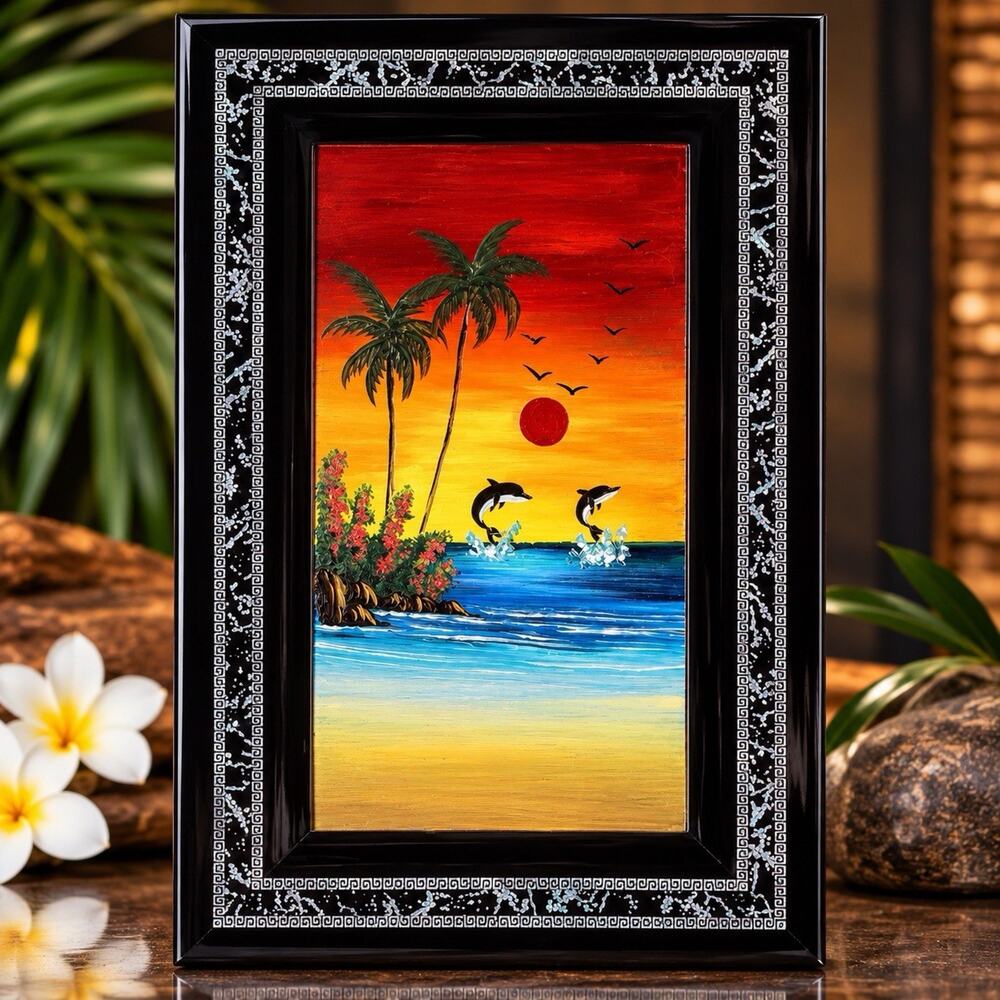 Hand Painted Ceramic Tile Art 8” x 12” Dolphins Ocean Sunset Mexico Vintage